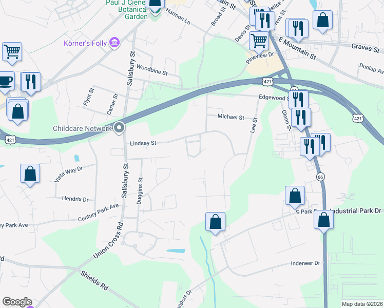 map of restaurants, bars, coffee shops, grocery stores, and more near 472 Lindsay Street in Kernersville