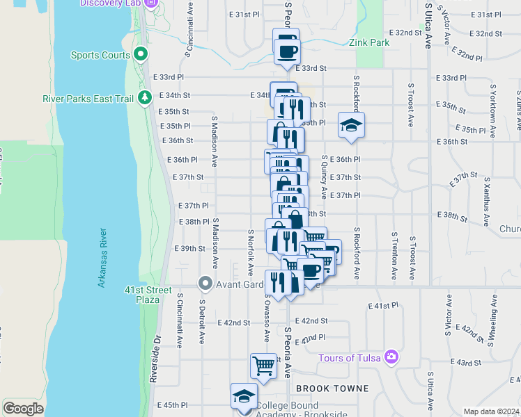 map of restaurants, bars, coffee shops, grocery stores, and more near 1111 E 38th St in Tulsa