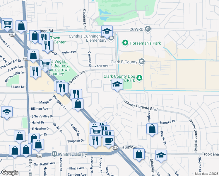 map of restaurants, bars, coffee shops, grocery stores, and more near 5421 East Harmon Avenue in Las Vegas