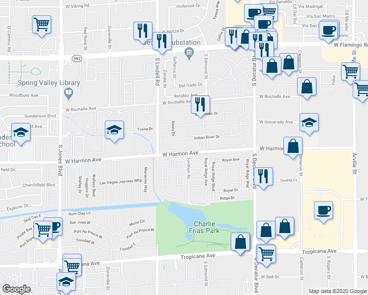 map of restaurants, bars, coffee shops, grocery stores, and more near 5250 Fordham Road in Las Vegas