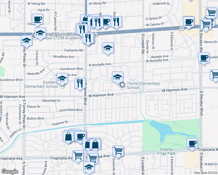 map of restaurants, bars, coffee shops, grocery stores, and more near 5870 West Harmon Avenue in Las Vegas