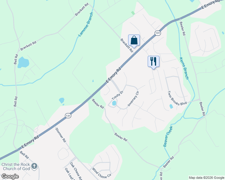 map of restaurants, bars, coffee shops, grocery stores, and more near 7605 Foxglen Boulevard in Knoxville