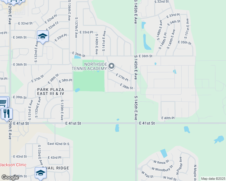 map of restaurants, bars, coffee shops, grocery stores, and more near 3826 South 143rd East Avenue in Tulsa