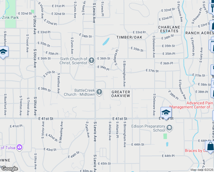 map of restaurants, bars, coffee shops, grocery stores, and more near 2429 East 38th Street in Tulsa