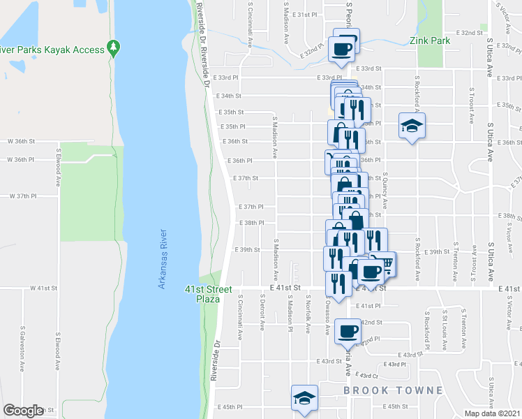 map of restaurants, bars, coffee shops, grocery stores, and more near 956 East 37th Place in Tulsa