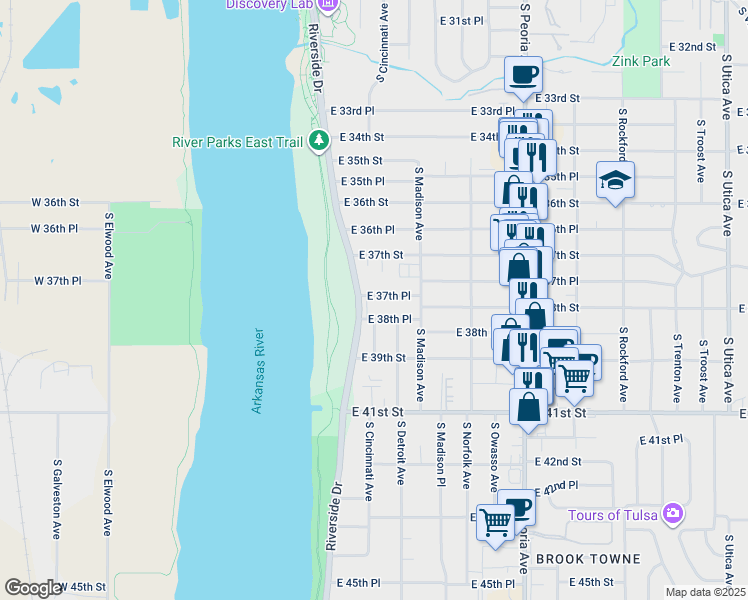 map of restaurants, bars, coffee shops, grocery stores, and more near 914 East 37th Place in Tulsa
