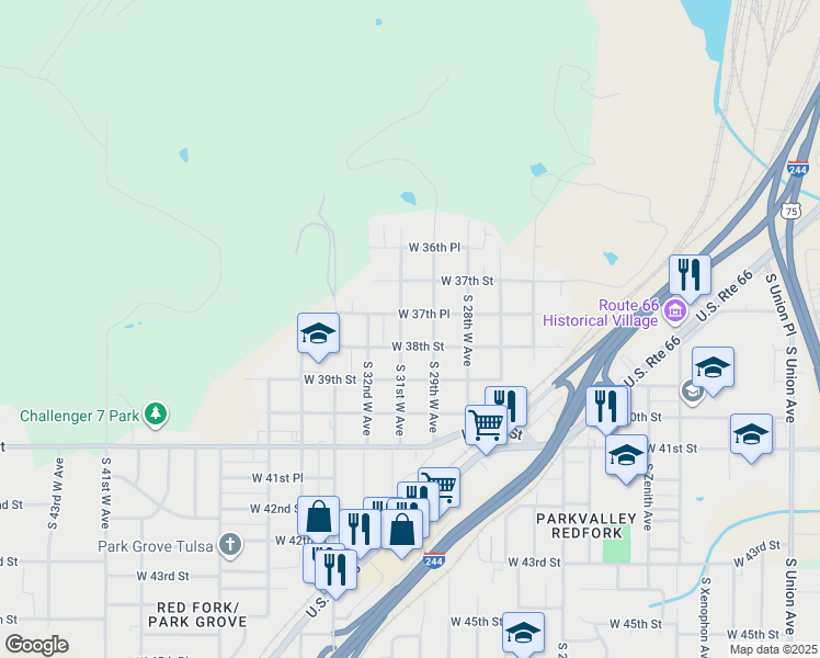 map of restaurants, bars, coffee shops, grocery stores, and more near 3742 South 31st West Avenue in Tulsa