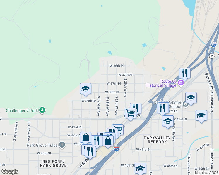 map of restaurants, bars, coffee shops, grocery stores, and more near 3742 South 31st West Avenue in Tulsa