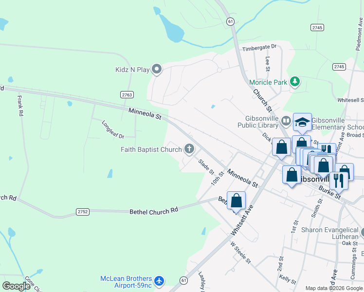 map of restaurants, bars, coffee shops, grocery stores, and more near 712 Slade Street in Gibsonville
