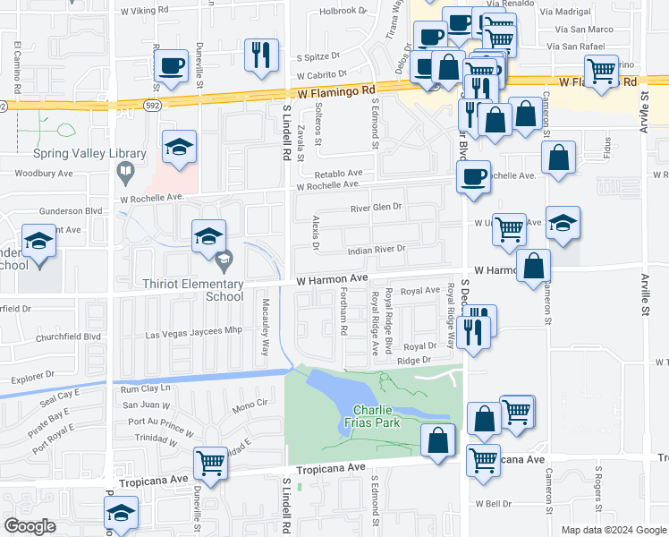 map of restaurants, bars, coffee shops, grocery stores, and more near 5339 Indian River Drive in Las Vegas