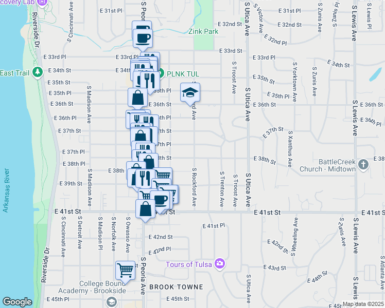 map of restaurants, bars, coffee shops, grocery stores, and more near 3744 South Rockford Avenue in Tulsa