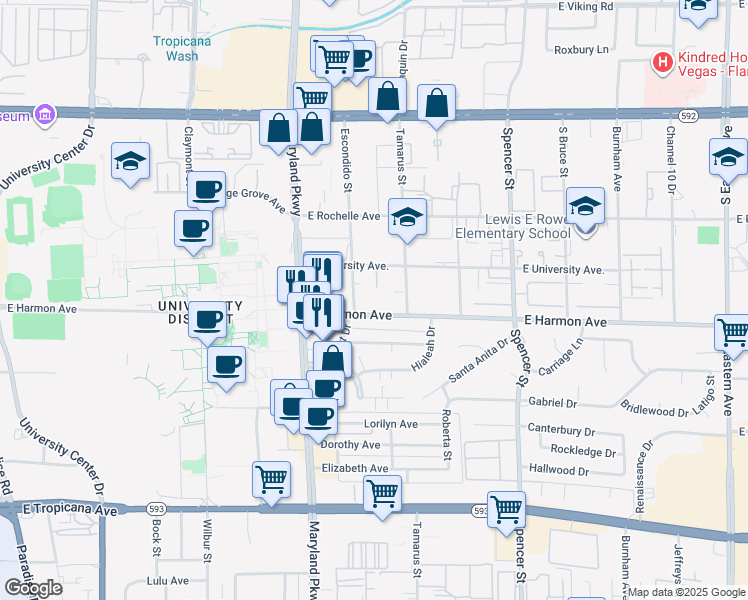 map of restaurants, bars, coffee shops, grocery stores, and more near 1420 East Harmon Avenue in Las Vegas