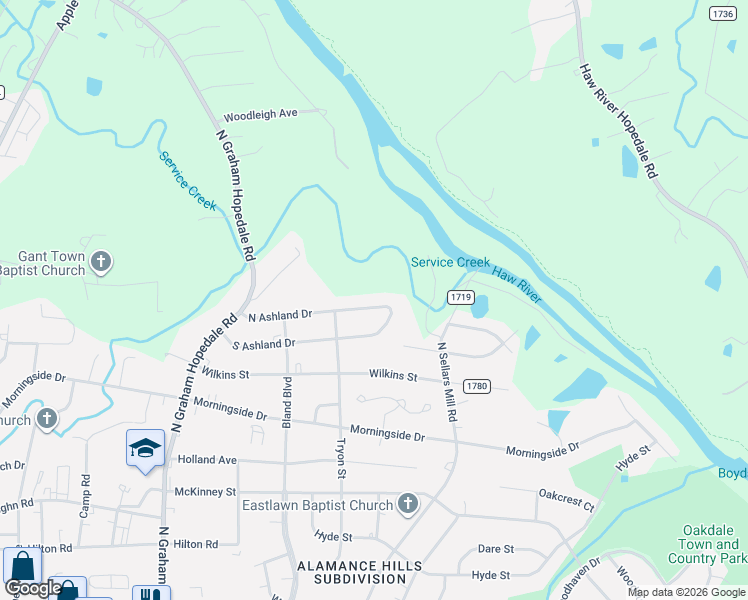 map of restaurants, bars, coffee shops, grocery stores, and more near 2119 South Ashland Drive in Burlington