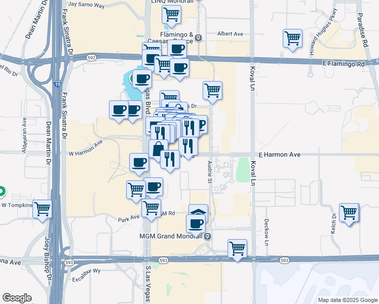 map of restaurants, bars, coffee shops, grocery stores, and more near 78 East Harmon Avenue in Las Vegas