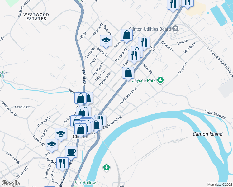 map of restaurants, bars, coffee shops, grocery stores, and more near 626 North Charles G Seivers Boulevard in Clinton
