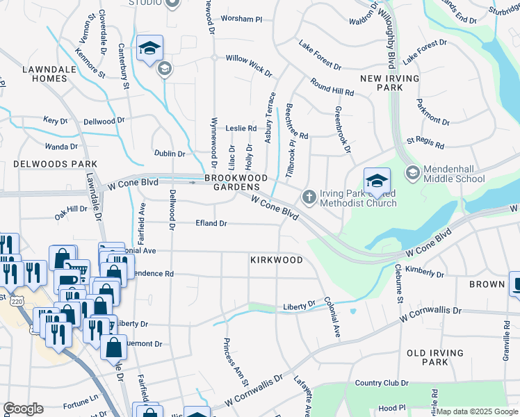 map of restaurants, bars, coffee shops, grocery stores, and more near 1609 West Cone Boulevard in Greensboro