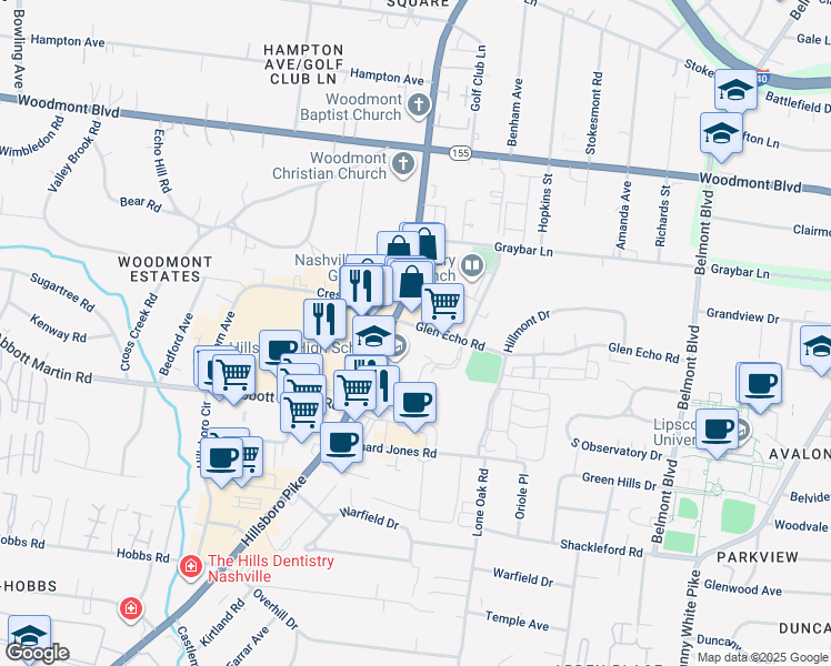 map of restaurants, bars, coffee shops, grocery stores, and more near 1911 Glen Echo Road in Nashville