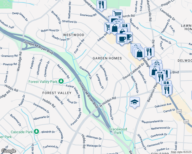 map of restaurants, bars, coffee shops, grocery stores, and more near 1918 Gracewood Drive in Greensboro