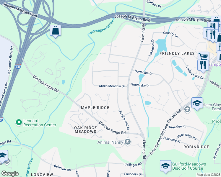 map of restaurants, bars, coffee shops, grocery stores, and more near 5805 Green Meadow Drive in Greensboro