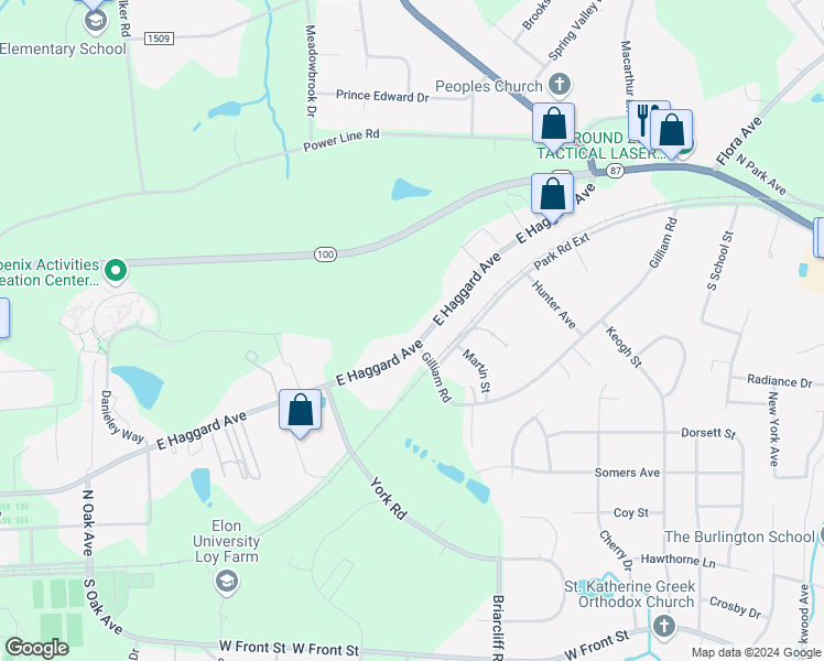 map of restaurants, bars, coffee shops, grocery stores, and more near 900 East Haggard Avenue in Elon