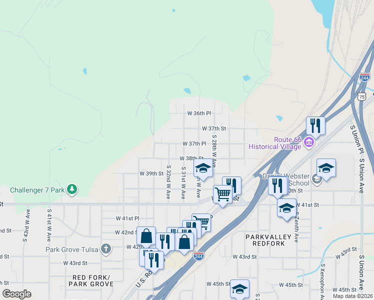 map of restaurants, bars, coffee shops, grocery stores, and more near 3742 South 31st West Avenue in Tulsa