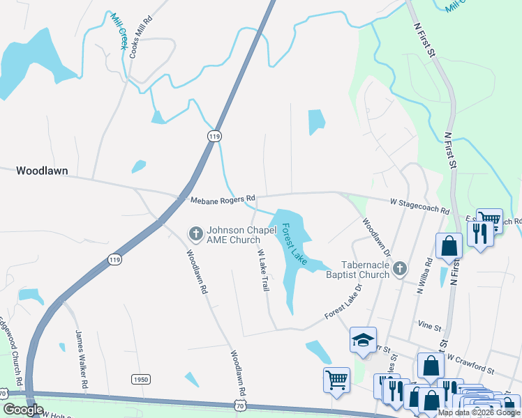 map of restaurants, bars, coffee shops, grocery stores, and more near 444 West Lake Trail in Mebane