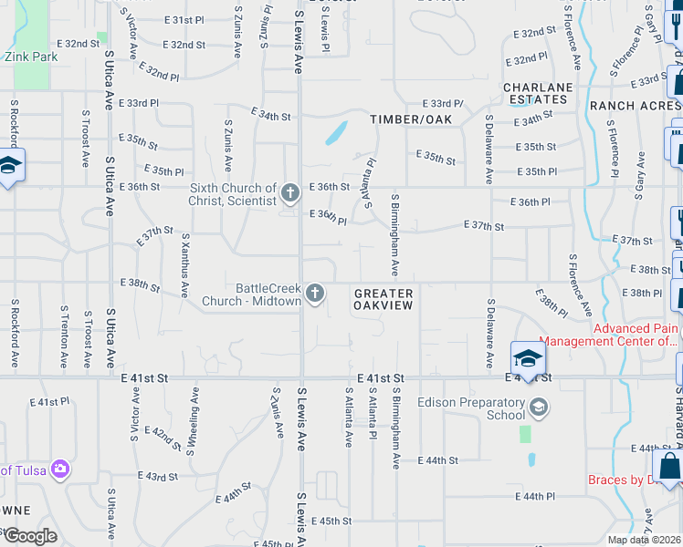 map of restaurants, bars, coffee shops, grocery stores, and more near 2429 East 38th Street in Tulsa