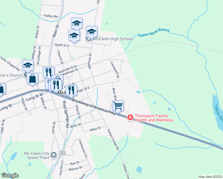 map of restaurants, bars, coffee shops, grocery stores, and more near 217 Blair Boulevard in McEwen