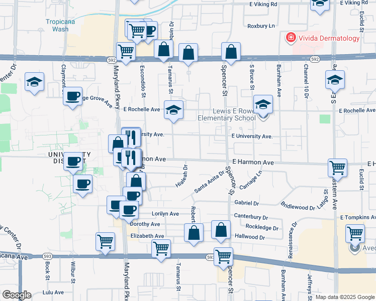 map of restaurants, bars, coffee shops, grocery stores, and more near 1550 East Harmon Avenue in Las Vegas
