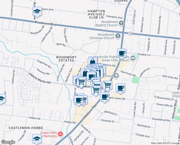 map of restaurants, bars, coffee shops, grocery stores, and more near 3821 Green Hills Village Drive in Nashville