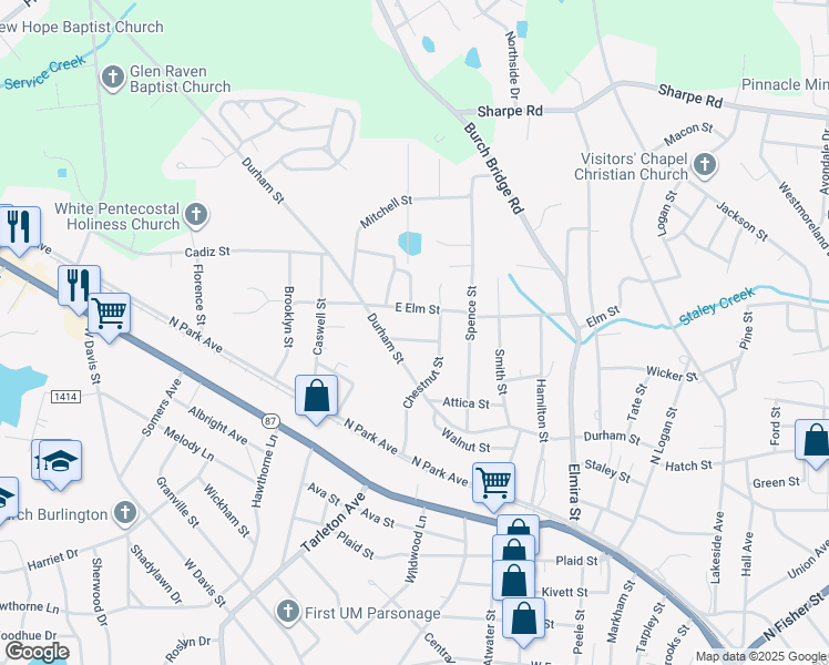 map of restaurants, bars, coffee shops, grocery stores, and more near 1309 Turner Street in Burlington
