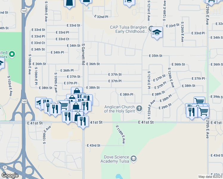 map of restaurants, bars, coffee shops, grocery stores, and more near in Tulsa
