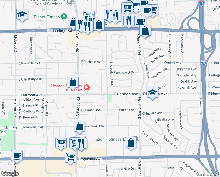 map of restaurants, bars, coffee shops, grocery stores, and more near 3612 East Harmon Avenue in Las Vegas