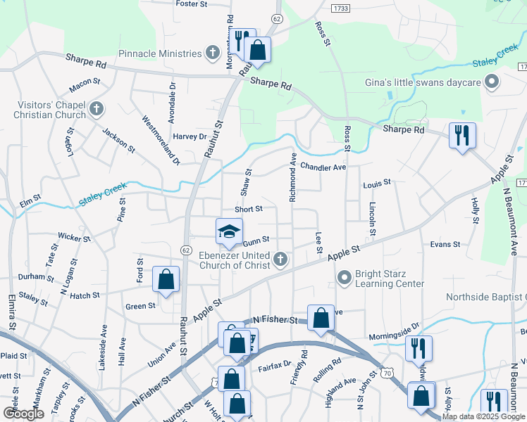 map of restaurants, bars, coffee shops, grocery stores, and more near 1006 Short Street in Burlington