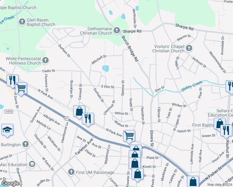 map of restaurants, bars, coffee shops, grocery stores, and more near 405 Chestnut Street in Burlington