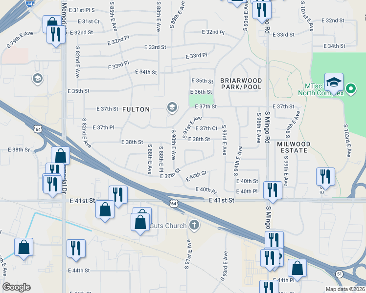 map of restaurants, bars, coffee shops, grocery stores, and more near 9118 East 38th Place in Tulsa