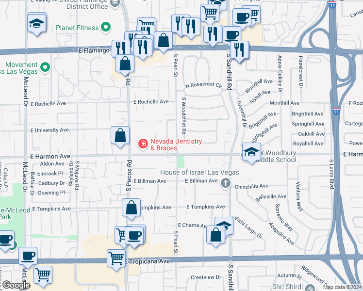 map of restaurants, bars, coffee shops, grocery stores, and more near 4501 South Woodcrest Road in Las Vegas