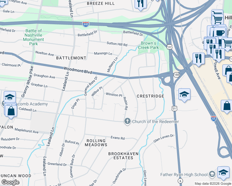 map of restaurants, bars, coffee shops, grocery stores, and more near 909C Winston Place in Nashville