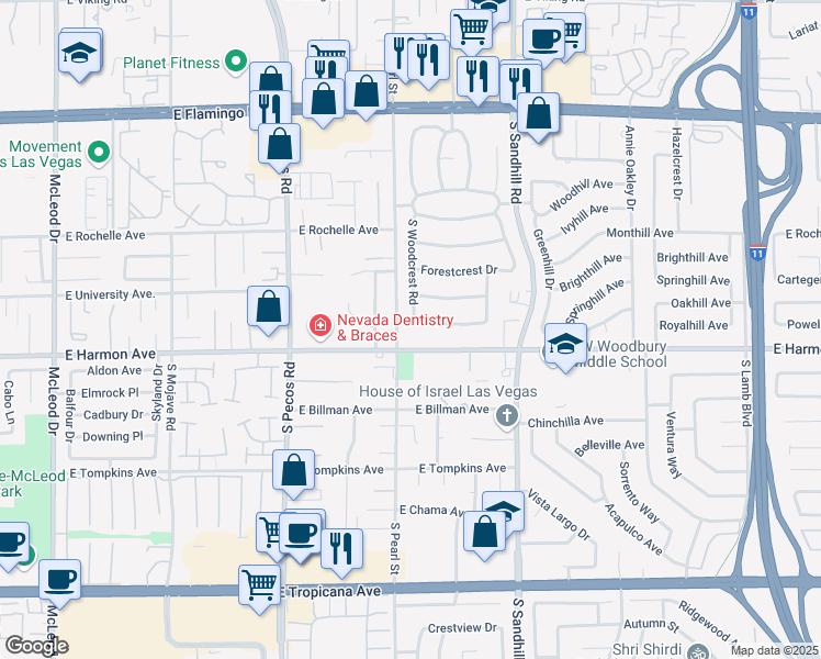 map of restaurants, bars, coffee shops, grocery stores, and more near 4501 South Woodcrest Road in Las Vegas