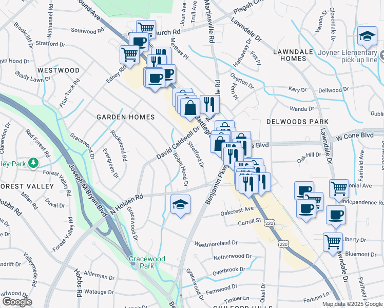 map of restaurants, bars, coffee shops, grocery stores, and more near 2618 Robin Hood Drive in Greensboro