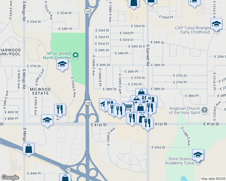 map of restaurants, bars, coffee shops, grocery stores, and more near 10802 East 38th Street in Tulsa