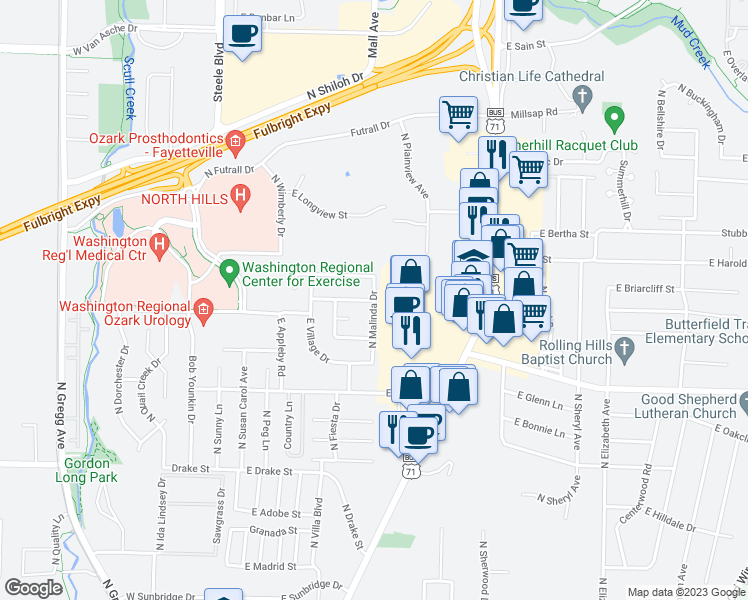 map of restaurants, bars, coffee shops, grocery stores, and more near 3213 North Malinda Drive in Fayetteville