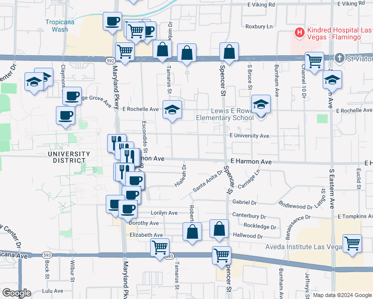 map of restaurants, bars, coffee shops, grocery stores, and more near 1550 East Harmon Avenue in Las Vegas