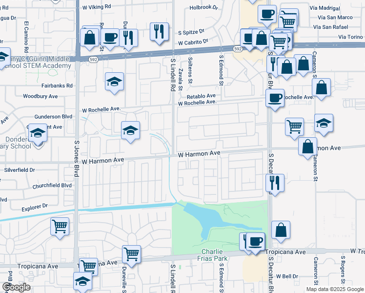 map of restaurants, bars, coffee shops, grocery stores, and more near 5499 Indian River Drive in Las Vegas