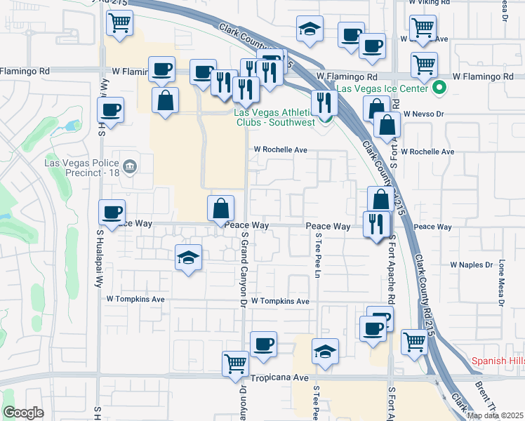 map of restaurants, bars, coffee shops, grocery stores, and more near 9720 Peace Way in Las Vegas