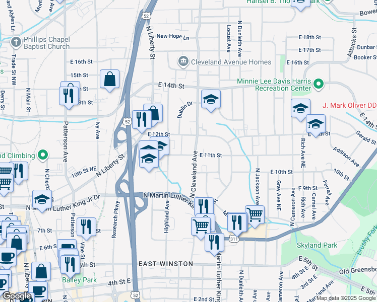 map of restaurants, bars, coffee shops, grocery stores, and more near 1038 East 11th Street in Winston-Salem