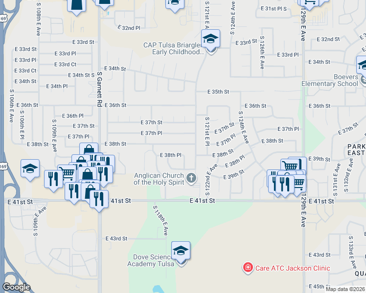 map of restaurants, bars, coffee shops, grocery stores, and more near 11929 East 38th Place in Tulsa