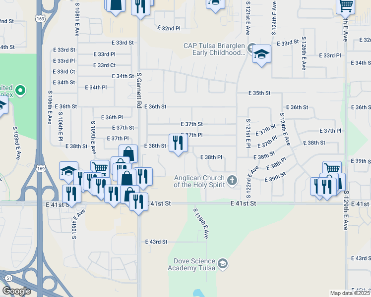 map of restaurants, bars, coffee shops, grocery stores, and more near in Tulsa