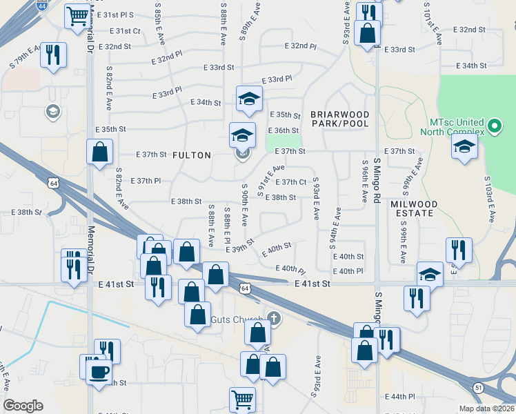 map of restaurants, bars, coffee shops, grocery stores, and more near 9118 East 38th Place in Tulsa