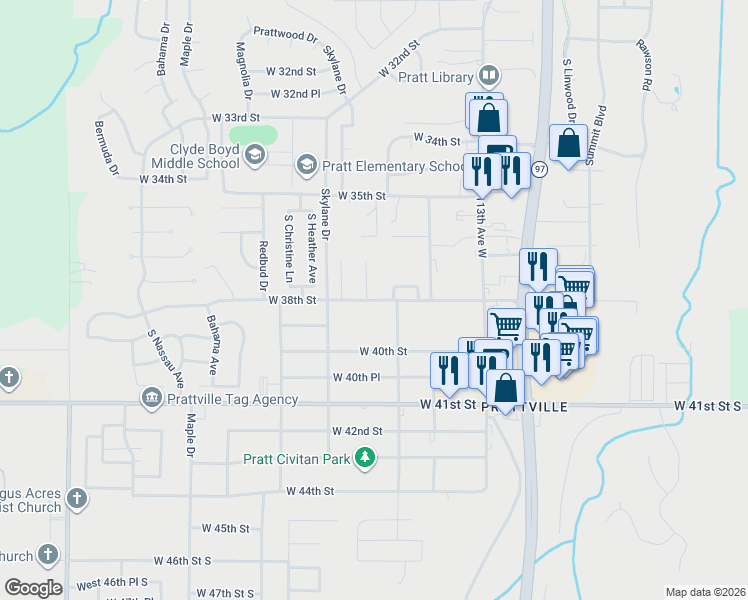 map of restaurants, bars, coffee shops, grocery stores, and more near 3804 South Walnut Creek Drive in Sand Springs